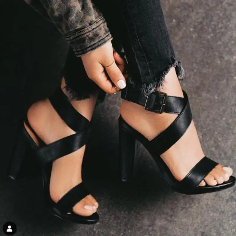 

Women Sandals PU Buckle Strap Square heel Open Toed High Heels Women Transparent Heel Sandals Slippers Discount Pumps