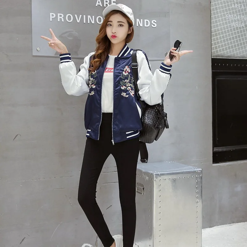 Women Bomber Jacket 2018 Casual Systemic Flowers Embroidered Flight Jackets Female Spring Autumn Basic Coats Black Pink Blue