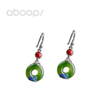

925 Sterling Silver Enamel Dangle Earrings with Green Stone Peace Buckle for Women Girls Free Shipping