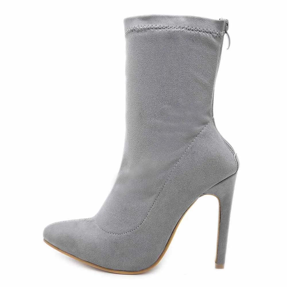 

New Spring Autumn Stiletto Solid Color Sexy Thin Heels Pointed Toe Flock Back Zipper Style Sexy Ankle Womens Boots