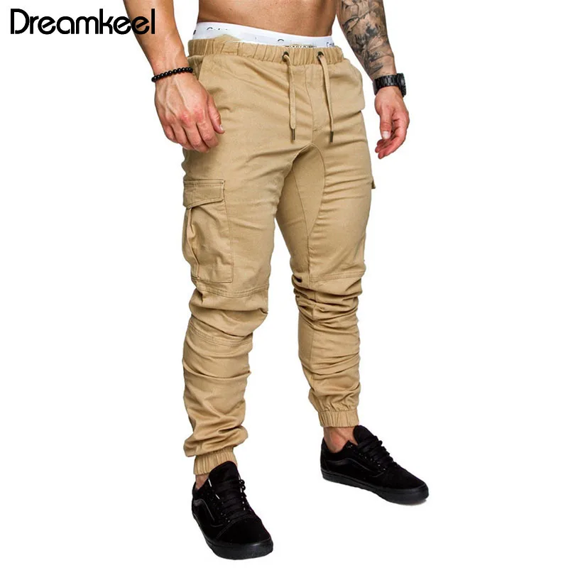 Men Joggers Cotton Elastic Trousers Solid Color Pants Men Military Style Army Cargo Pants Casual Mens Leggings Streetwear Y - Цвет: Хаки