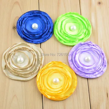 

40pcs/lot New Satin Poppy Layered Flowers Fabric Handmade Flowers With Pearl For Hair Accessories