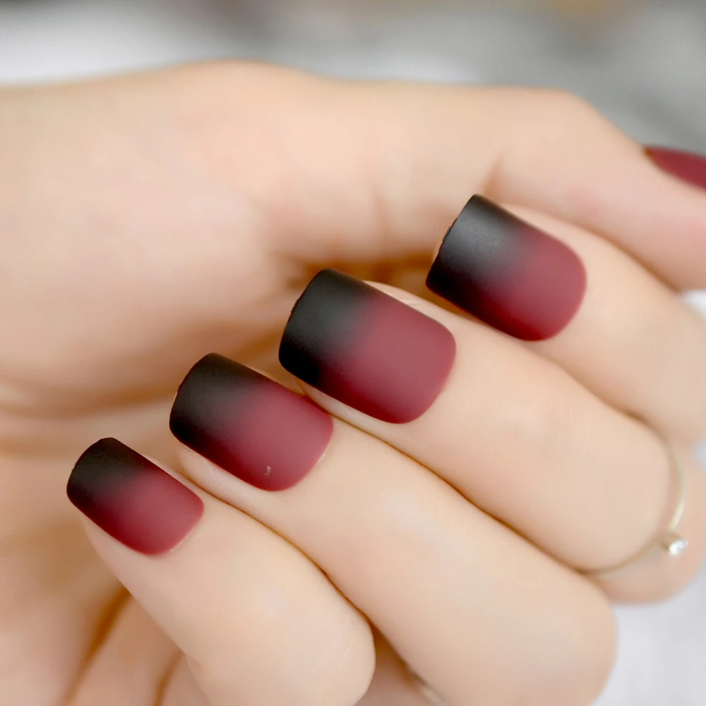 Uñas postizas en degradado francés mate Claret rojo vino negro esmerilado  puntas de uñas postizas cuadradas superior uñas artísticas para ropa de  fiesta de novia|Uñas postizas| - AliExpress