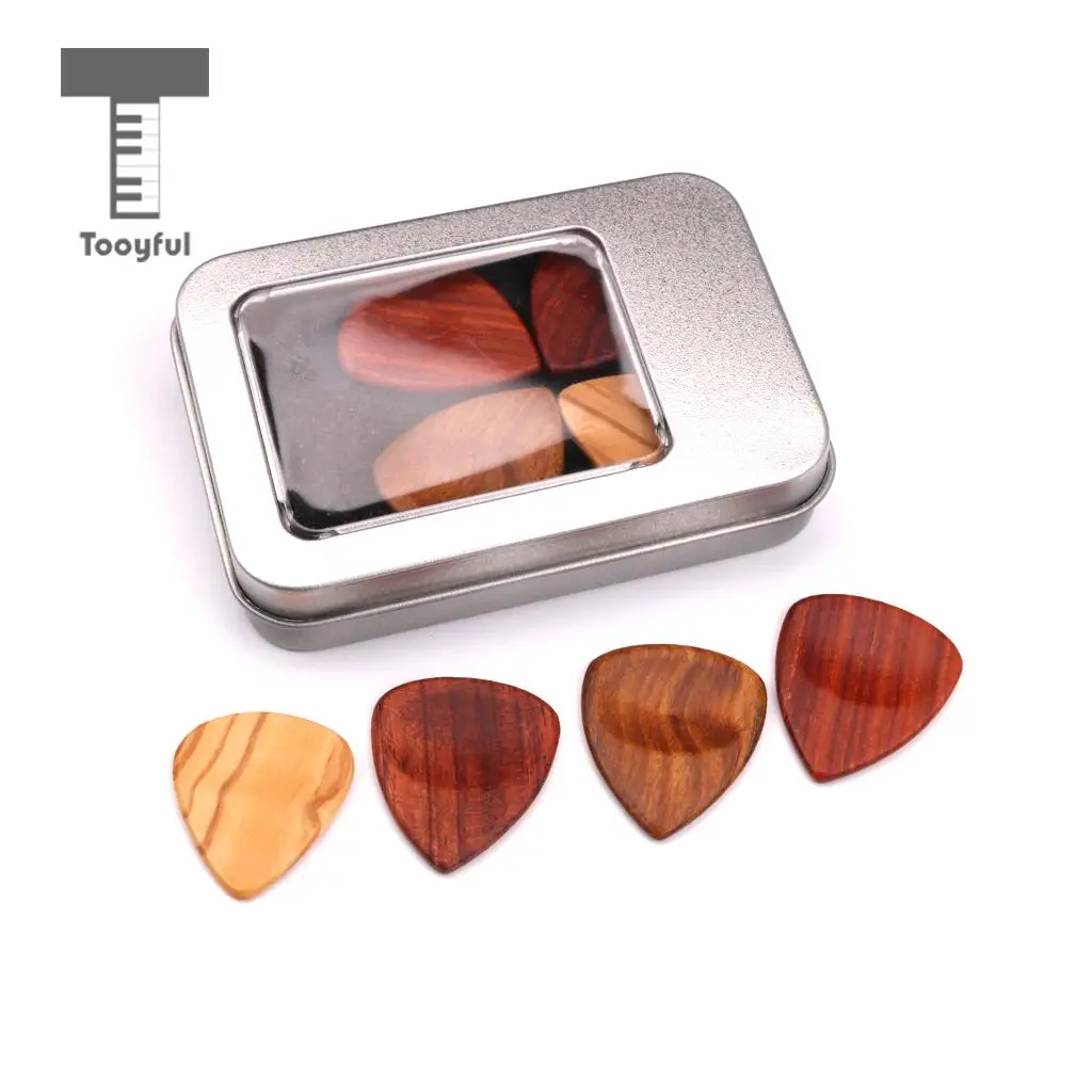 Tooyful Exquisite 4pcs Wooden Guitar Plectrums Picks with Iron Box Set Musical Instrumnet Parts for Guitar Bass Mandolin Banjo