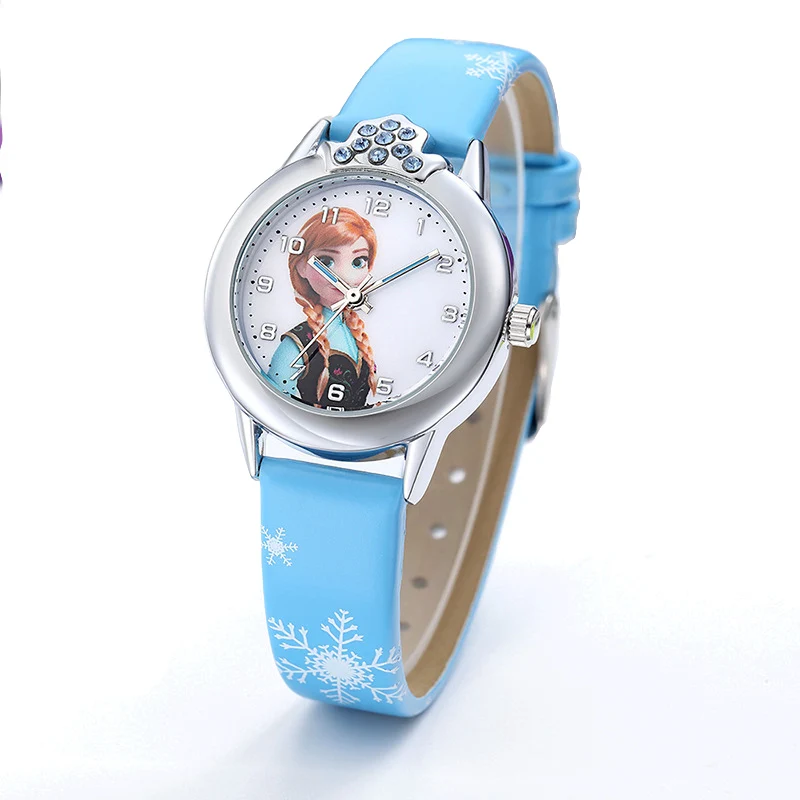 JOYROX Princess Elsa Pattern Girls Watch Cartoon Spiderman Boys Watches Leather Strap Wristwatch Kids Clock reloj de mujer - Цвет: Girl Sky Blue