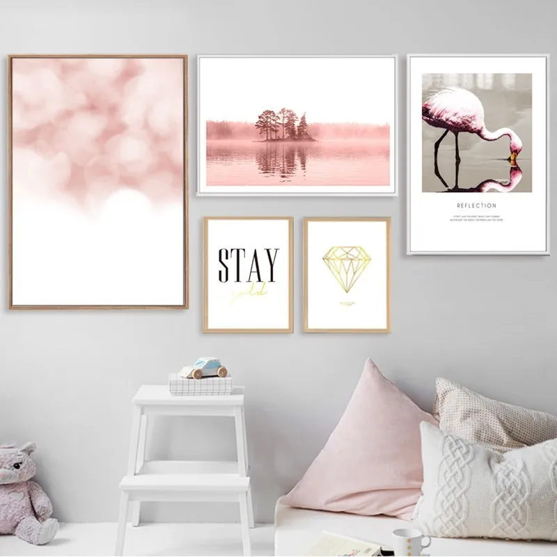 

Abstract Landscape Flamingo Canvas Painting Pink Posters Prints Minimalist Wall Art Pictures for Living Room Home Decor No Frame