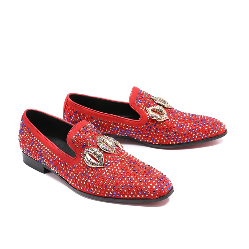 Espadrilles rouge Occasionnels Mabaiwan Chaussures Daim En Cristal Véritable Mode Mocassins Noir De Appartements Strass Cuir Robe Mariage Hommes PTkZuOXi