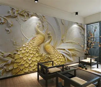 

2019 New Low Price For Wallpaper 3d embossed golden peacock background wall painting moisture-proof beautiful wall pap