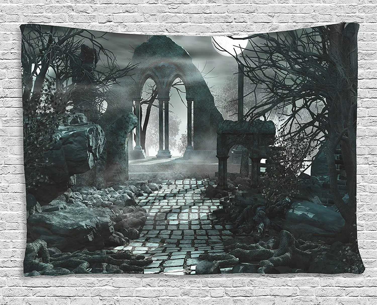

Gothic Decor Tapestry Full Moon Light over Medieval Temple Ruins at Night Dark Scary Backdrop Image, Wall Hanging for Bedroom