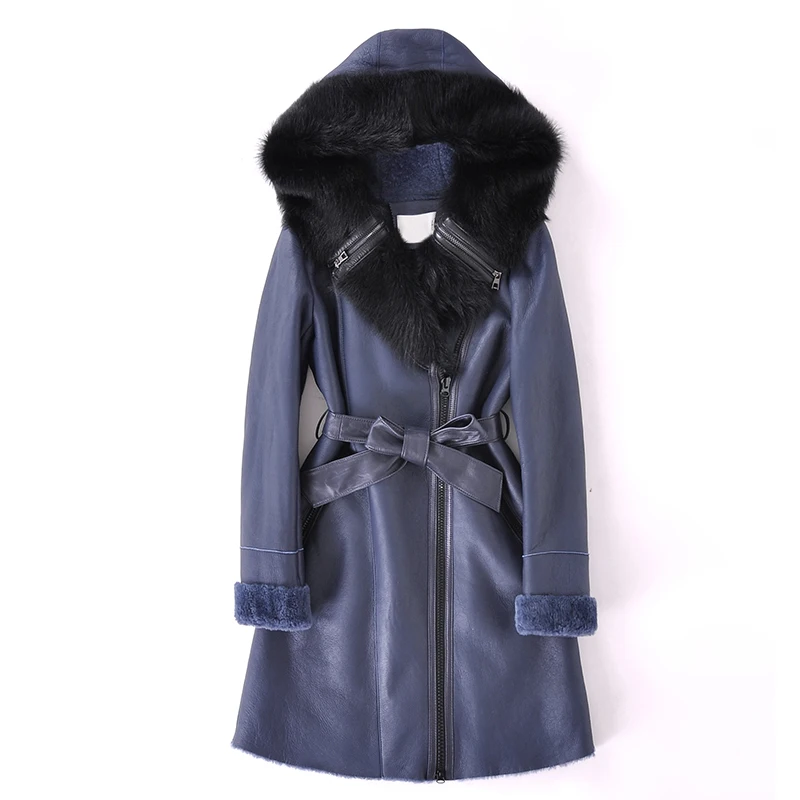 

Real Natural Sheepskin Women Winter Coat Solid Real Fur With Belt and Hat Thick Warm Fur Coat