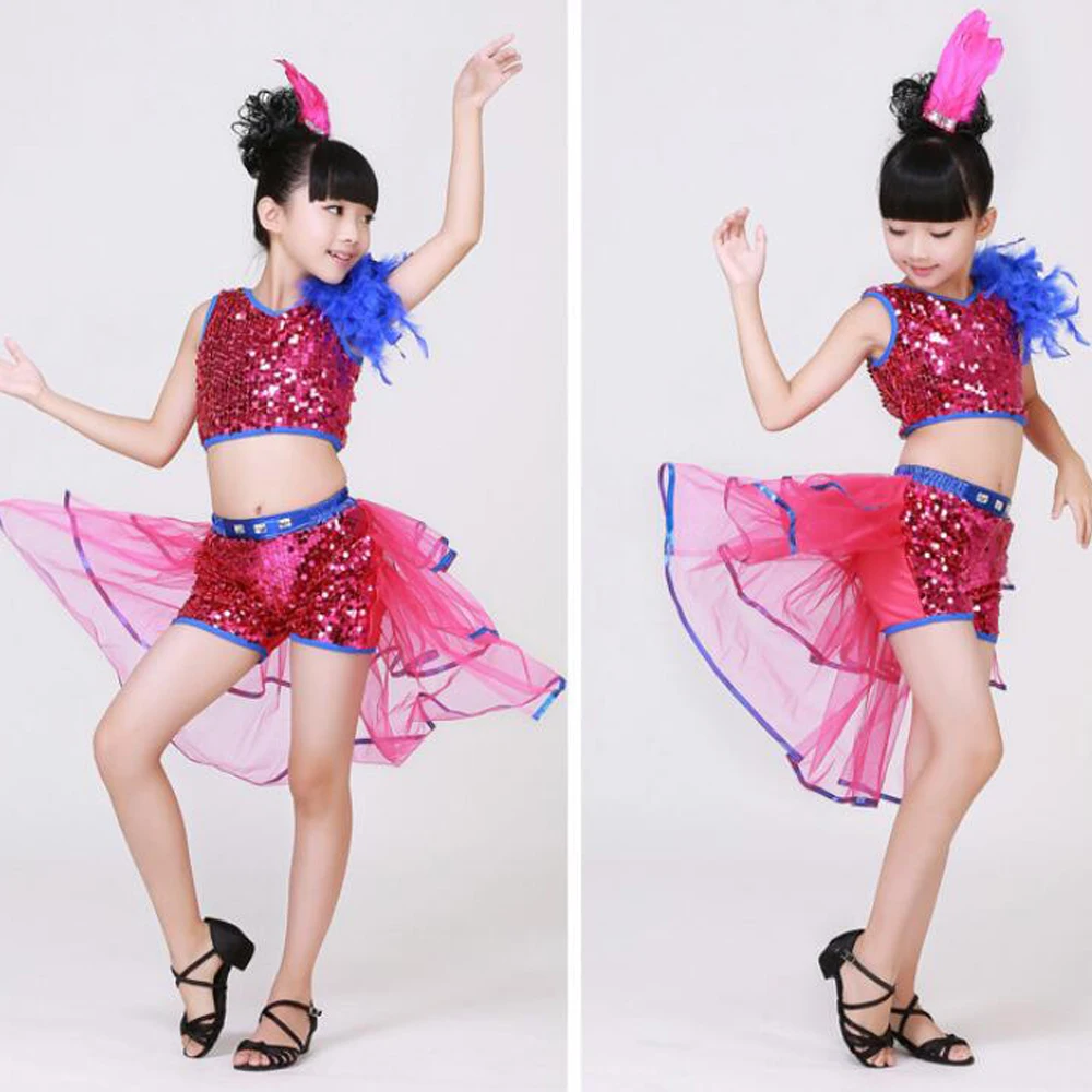 Rose Red Children's Sequined Jazz Tap Danewear Clothes Kid Party Dance