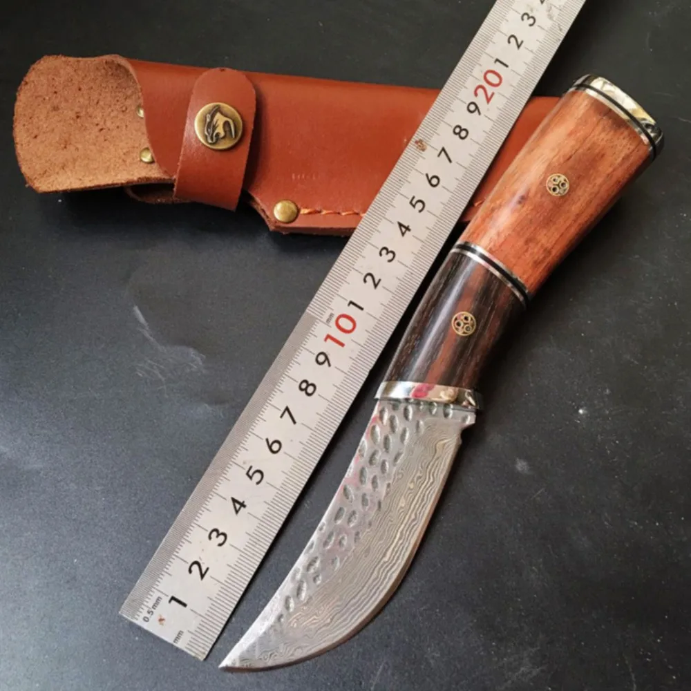 

Free shipping Damascus straight knife sharp outdoor camping tool with wood handle knife Straight knife