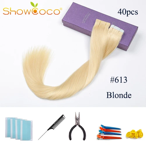 #613 Showcoco Черная пятница, уток, человеческие волосы на ленте, 40 шт, аденсивные Реми прямые волосы 16-24 дюйма - Цвет: #613