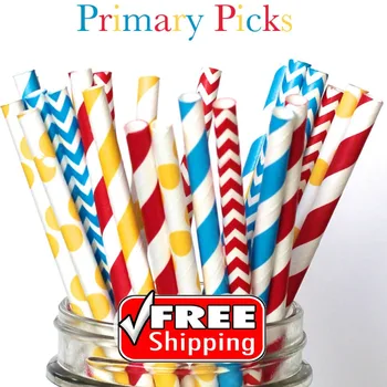 

150pcs Mixed 6 Designs PRIMARY PICKS Themed Paper Straws-Red,Blue,Yellow-Stripe,Dot,Chevron-Carnival,Circus,School,Party,Boy