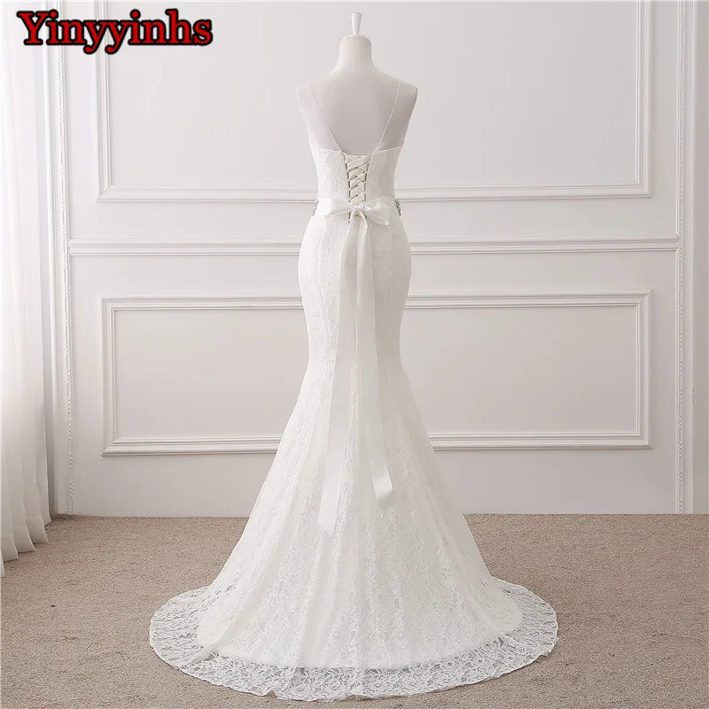 In Stock Real Photos Wedding Gown White Lace Cheap Mermaid Wedding Dress 2018 Vestido De Noiva SweepTrain Bridal Gowns GHS01 2