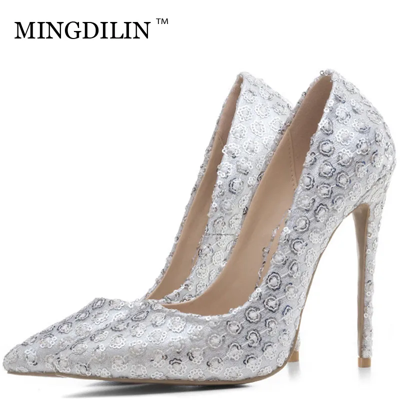 

MINGDILIN Sexy Women's Silvery High Heels Shoes Plus Size 33 43 Woman Heel Shoes Pointed Toe Wedding Party Pumps Stiletto Stripe
