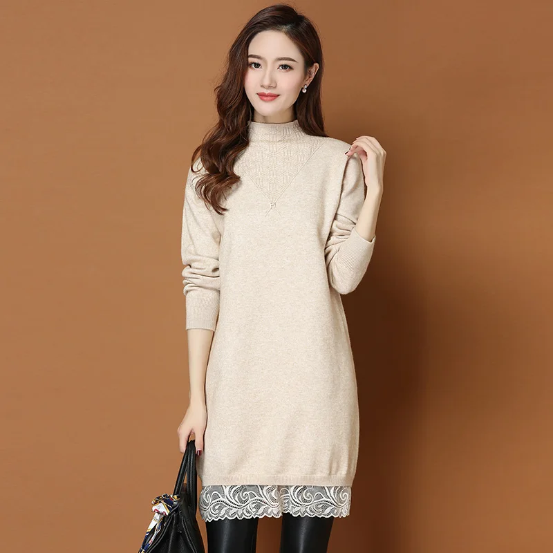 ^Cheap Brand Long Sweater Fall Winter Women Sweater New Solid Color Stitching Lace Knit Sweater Loose Bottoming Pullover Sweater Female