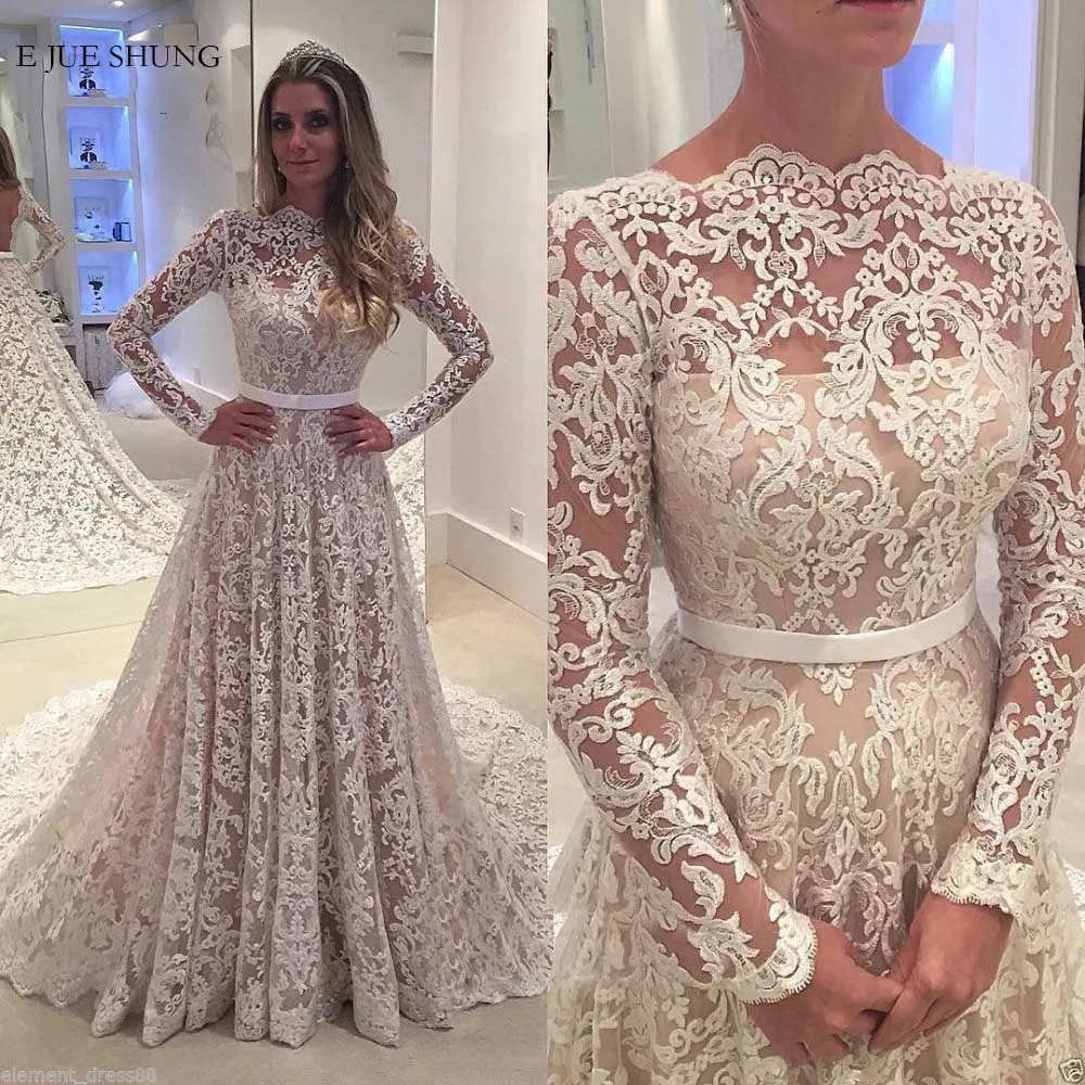 Granoferta E Jue Shung Encaje Vintage Vestidos De Novia De Manga Larga Sin Espalda Vestidos De Boda De Lujo Robe De Mariee September 2020