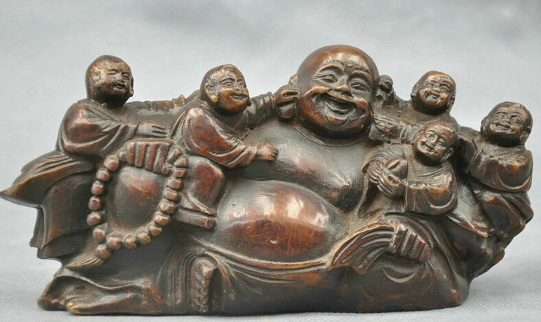 

8'' China Bronze Buddhism Happy Maitreya Buddha boy frolic Statue Figurine R0713 Discount 35%