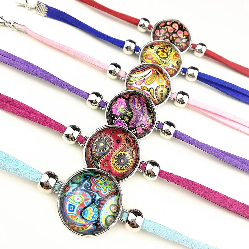 

24pcs colorful Mandala rose Flower Bandanna Paisley Indian Buddhist retro style Glass Charm bracelet for girls women party gift