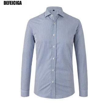 

2019 DEFEICIGA High Quality Men Shirt Long Twill Blue Streped Solid Formal Business Shirt Brand Man Dress Shirt 022