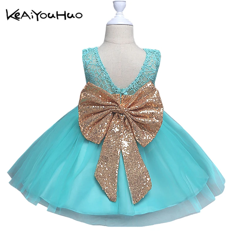 KEAIYOUHUO/Детские платья с пайетками Vestido Backelss/летнее платье, одежда свадебное праздничное платье с бантом для маленьких девочек от 1 до 8 лет