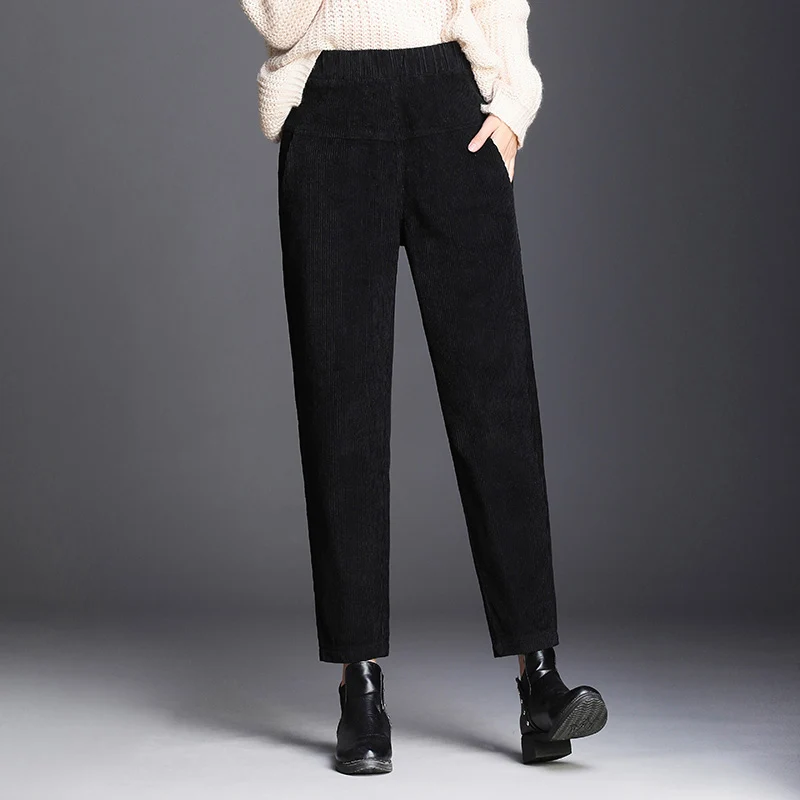 Новые женские винтажные вельветовые брюки с высокой талией, брюки размера плюс, повседневные Модные женские шаровары, осенне-зимние Бархатные брюки - Цвет: black