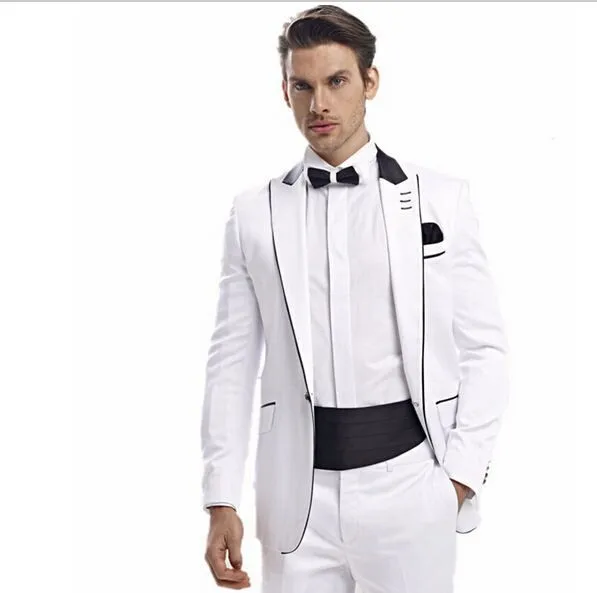 

New customize Men Suits White One Buttons Men Fashion Designer Groom Tuxedo Dinner Suit Blazer Trouser(Jacket+Pants+BowTie+Belt)