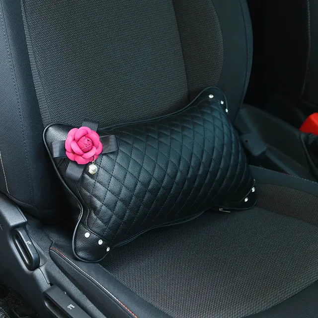 Cute Rose Flower Car Headrest Neck Pillow Leather Crystal Fashion Women