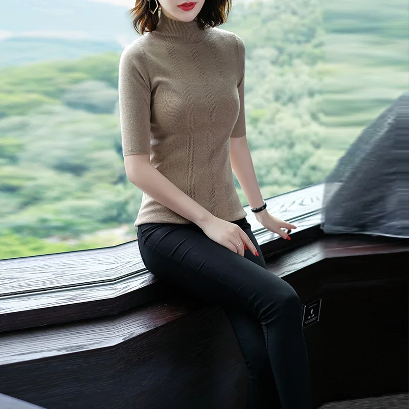 Solid turtleneck elastic knit basic sweater shirts 2018 new half sleeve women autumn slim pullovers sweater