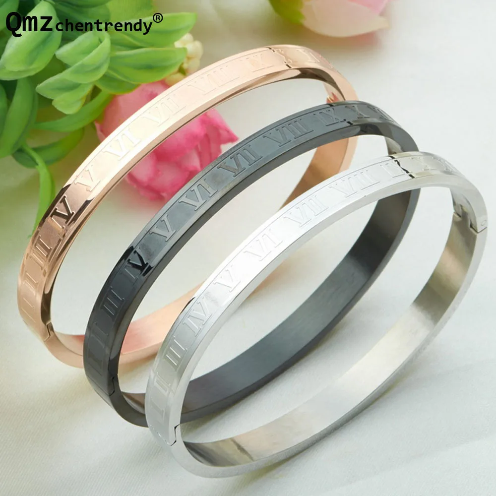

A couples 2016 Rose Gold Black Cuff Jewelry Stainless Steel Love Letter Roman Numerals Bracelet Men Women Bangle for lovers