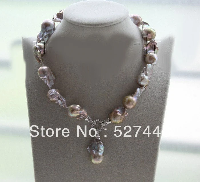 

Wholesale free shipping >>luster 17" 29mm purple Reborn keshi pearls necklace Platinum Plated clasp