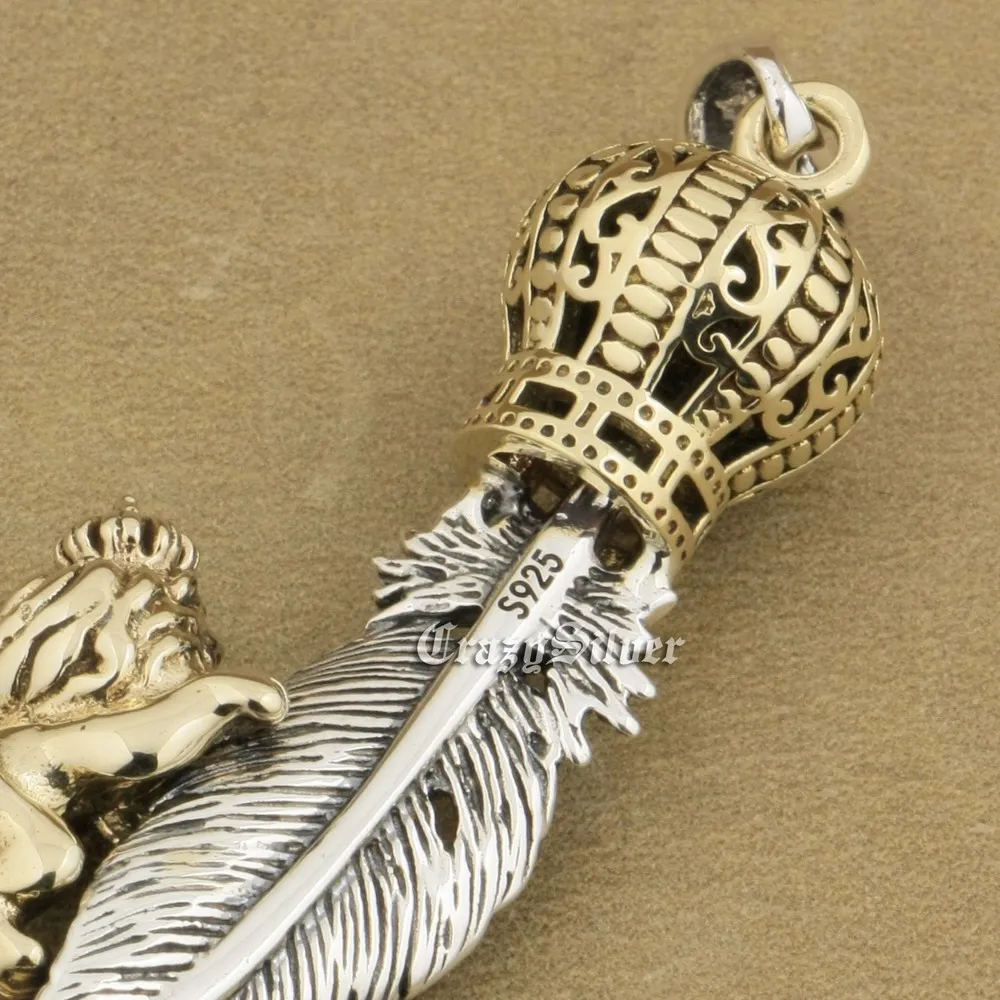 LINSION латунная корона с большим пером серебряная Мужская подвеска для байкеров