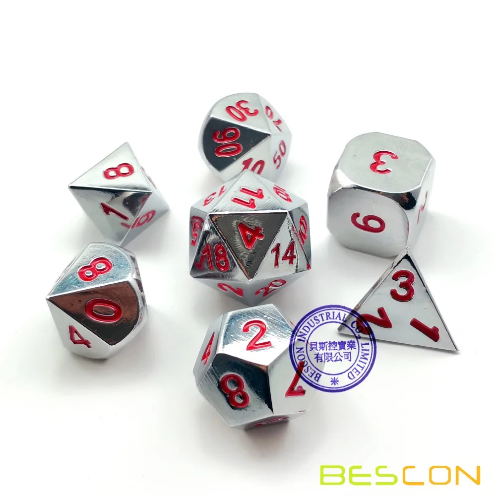 Bescon Heavy Duty блестящий хромированный металл игральная кость набор из 7, Твердые металлический хромированный многогранные ролевые игры w/красные цифры