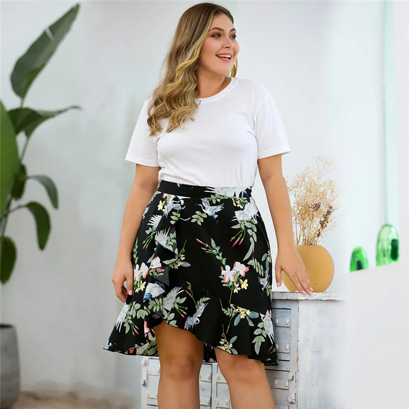 

Women Casual Plus Size Print High Waist Ruffled Split Fishtail Print Half Skirt Bow Summer Sexy Split Wrap Beach Skirt 25H