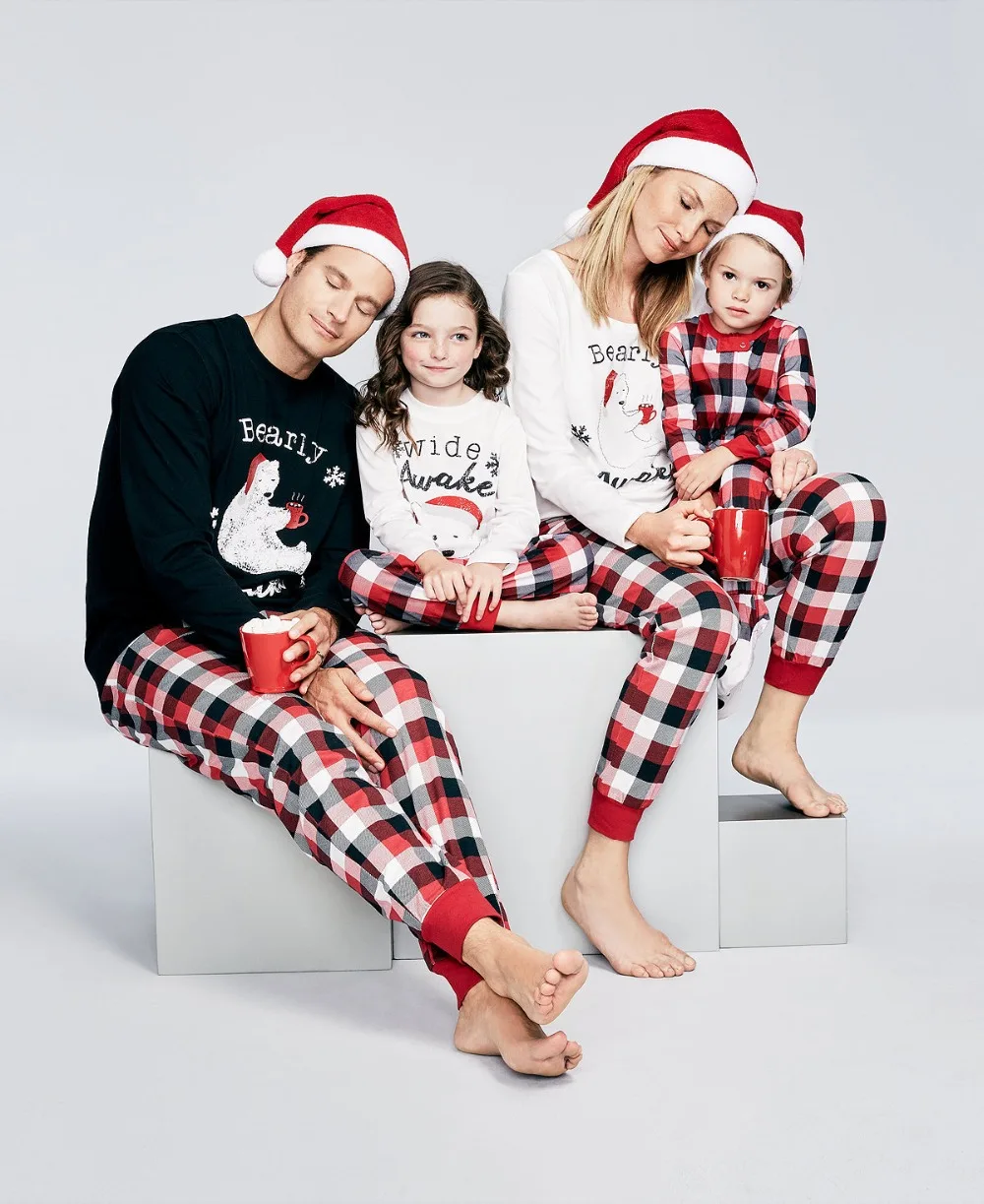 Комплект рождественских пижам; Одинаковая одежда для всей семьи; одежда в клетку с принтом полярного медведя для всей семьи; одинаковые комплекты; мягкая Пижама