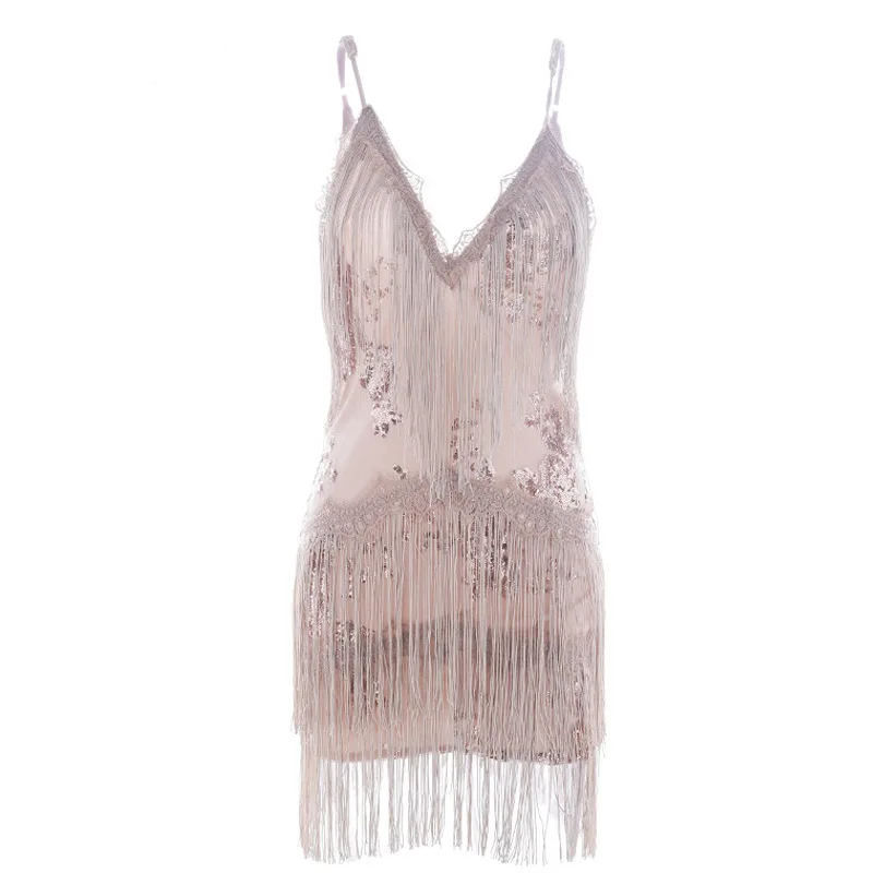 Sexy Fringes Deep V Lace dress Halter Sequined mini bodycon dress Party westidos Women summer dresses (29)