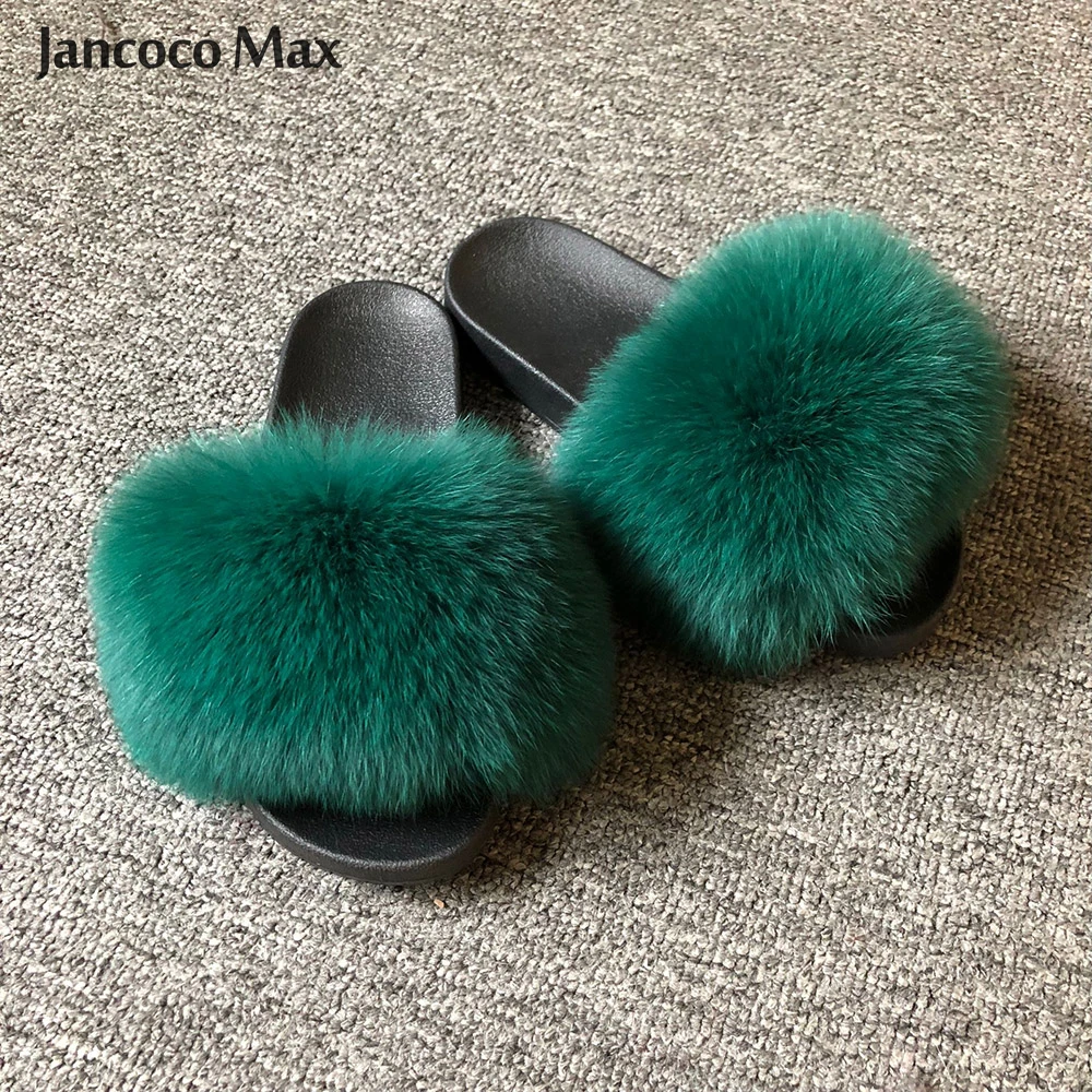 Jancoco Max Womens Luxury Real Raccoon Fur Slides Slippers Furry Sliders Fashion Flat Soles Soft Summer Flip Flop Sandals
