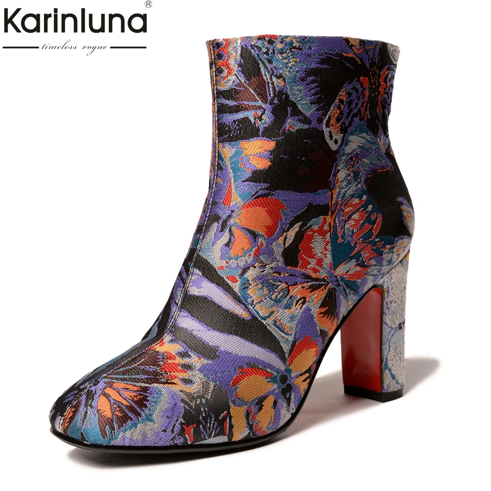 

KarinLuna 2018 Top Quality Large Size 33-43 Fashion Embroidered High Heels Boots Woman Shoes Hot Sale Ankle Boots Shoes Woman