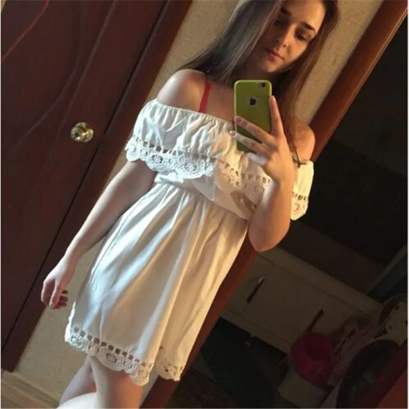 Fashion Women vestidos 2017 Elegant Sexy Sweet Lace white Dress Stylish sexy slash neck casual slim beach Summer Sundress  (6)