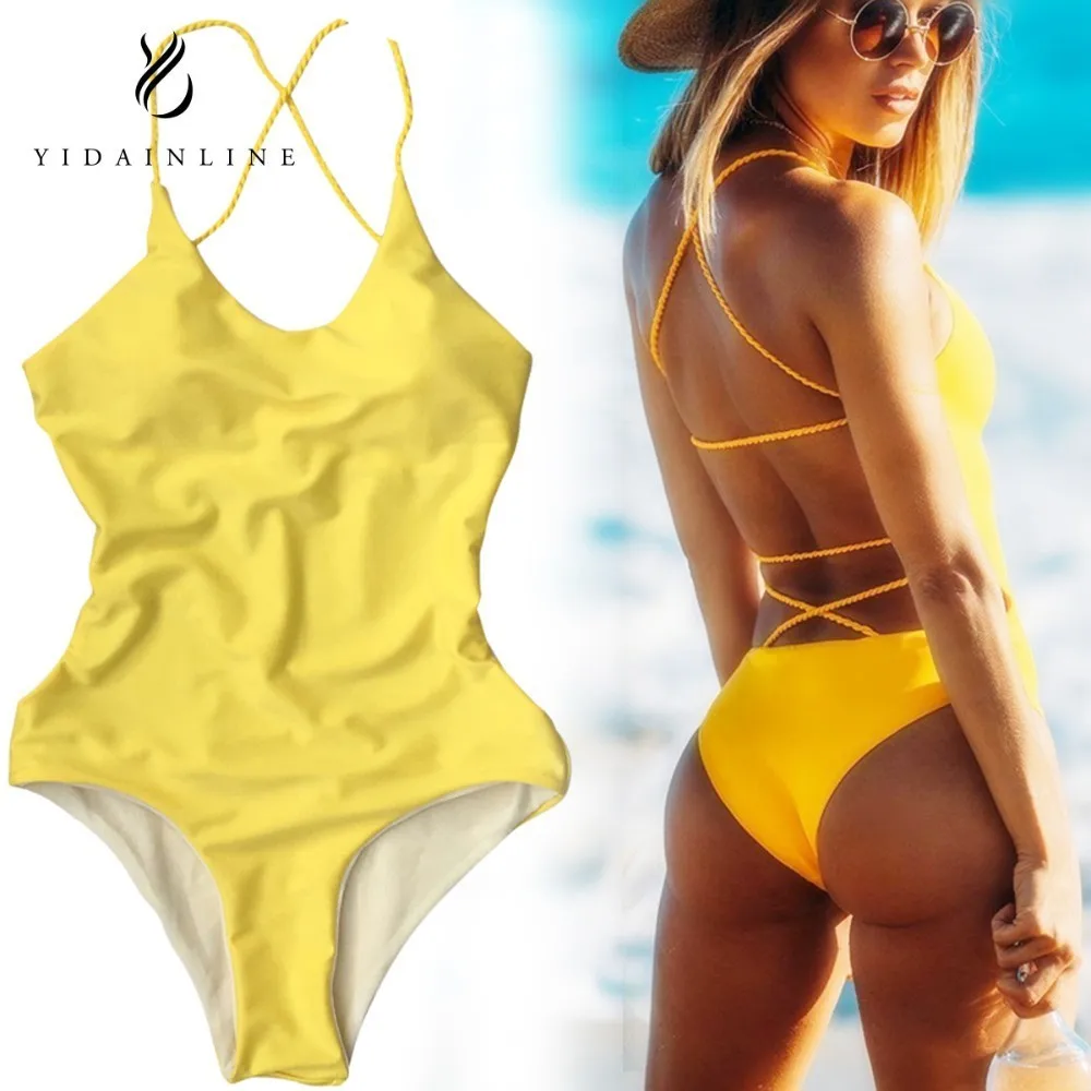 

2018 Bandage One Piece Swimsuit Solid Women Swimwear Halter Bathing Suit Women Maillot De Bain Sexy Beachwear