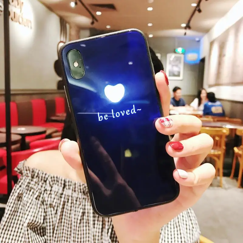

Tempered Glass Phone Case for iPhone 6 6s 7 8 Plus X have Led LOGO flash Luxury Glass Case For iPhone X Protective Phone Cover