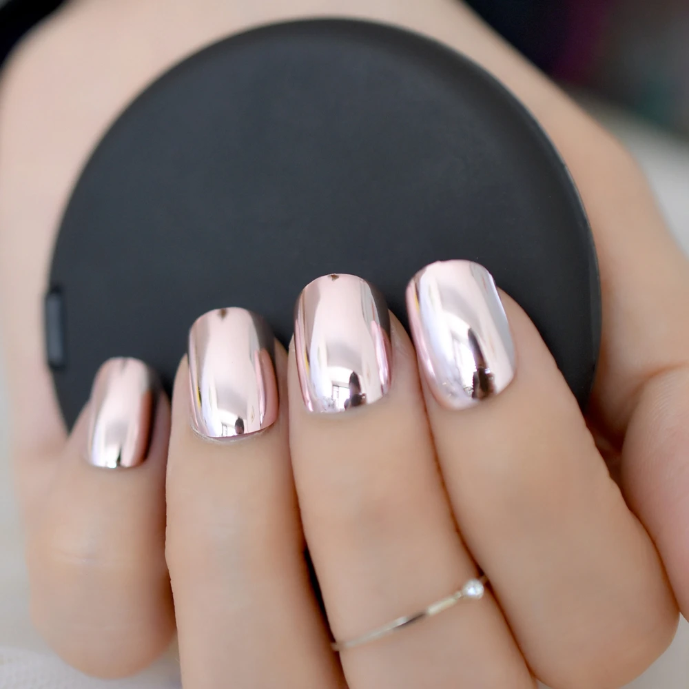 

Pink Mirror Pre-designed Fake Nail Tips Short Flat Metallic Shiny Fake Nails DIY Nail Art Full Cover Manicure Accessories N24