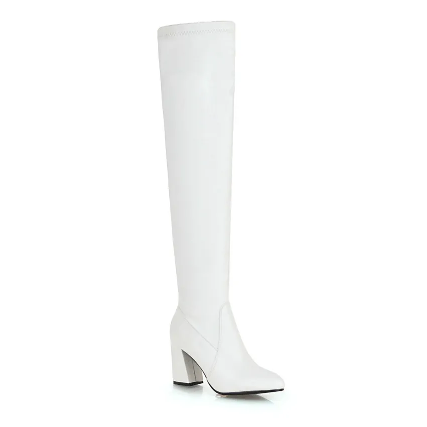 QUTAA/ г. Женские Сапоги выше колена Универсальные женские мотоботы на платформе, без шнуровки, на высоком квадратном каблуке Большие размеры 34-43 - Цвет: Белый
