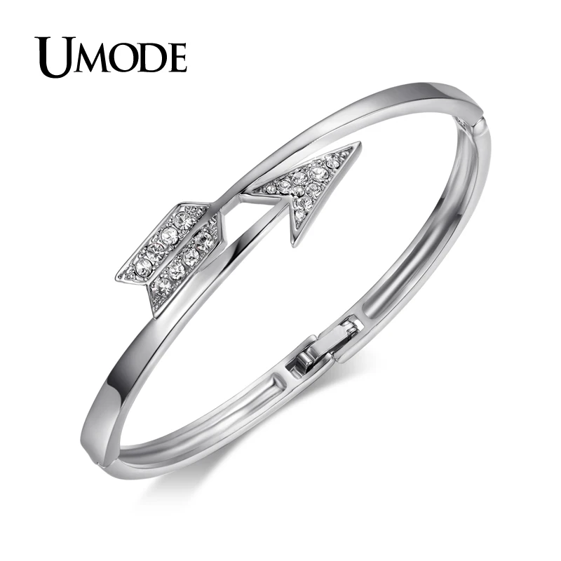 

UMODE Arrow Shaped Full Paved Tiny Austrian Rhinestone Bangles Fold Over Clasp White Gold Color Jewelry Bracelet Female UB0058B