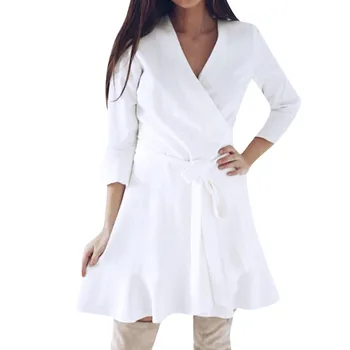 

Women Elegant split blazer Long Slevel V Neck Lace Up Party Boho Dresswomen Autumn dress Office slim dresses vestidos 30p1203