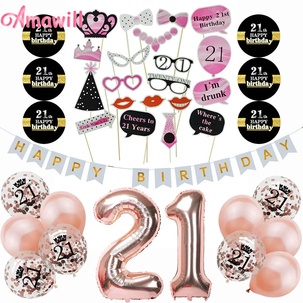 

Amawill Rose Gold Digital Balloon White Banner 21st Photo Booth For Birthday Party Decorations Adult 21 Years Old Party 8D