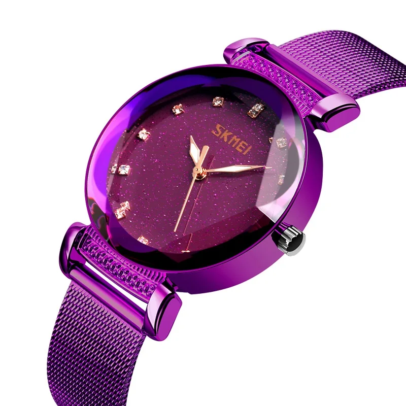 SKMEI 9188 Модные женские кварцевые часы Роскошные Звездный циферблат женские часы дамское платье наручные часы водонепроницаемый браслет Топ бренд - Цвет: Purple mesh belt