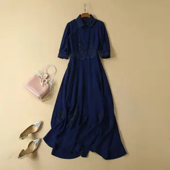 

New clothes for women in Europe and the United States for the summer of 2019 Three-quarter sleeve lapels Embroidered dress