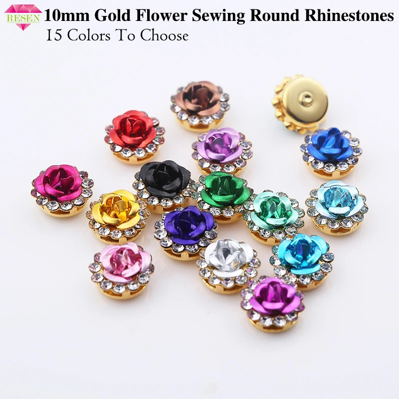 

RESEN 100PCS 10mm Mix Colors Fancy Sewing Round Rhinestones Glass Crystal Flower Shape Sew on Rhinestone For Wedding Decoration